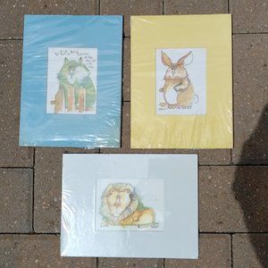 BRAND NEW SET OF 3 NEDOBECK PRINTS WITH CAT, LION, AND RABBIT AND CUSTOM MATS